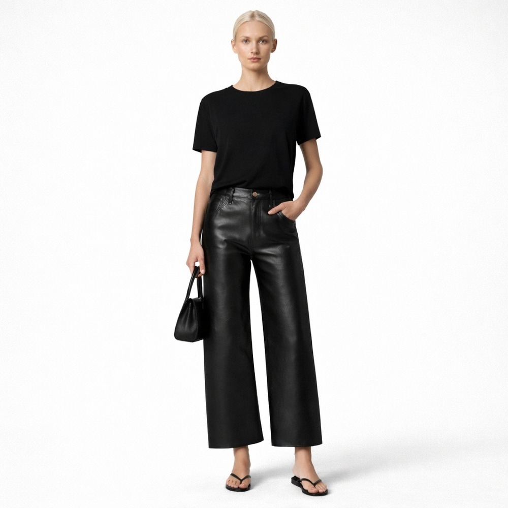 Agolde‎ Ren Cropped Wide Leg Recycled Leather Jean Black Sz 28 NWT